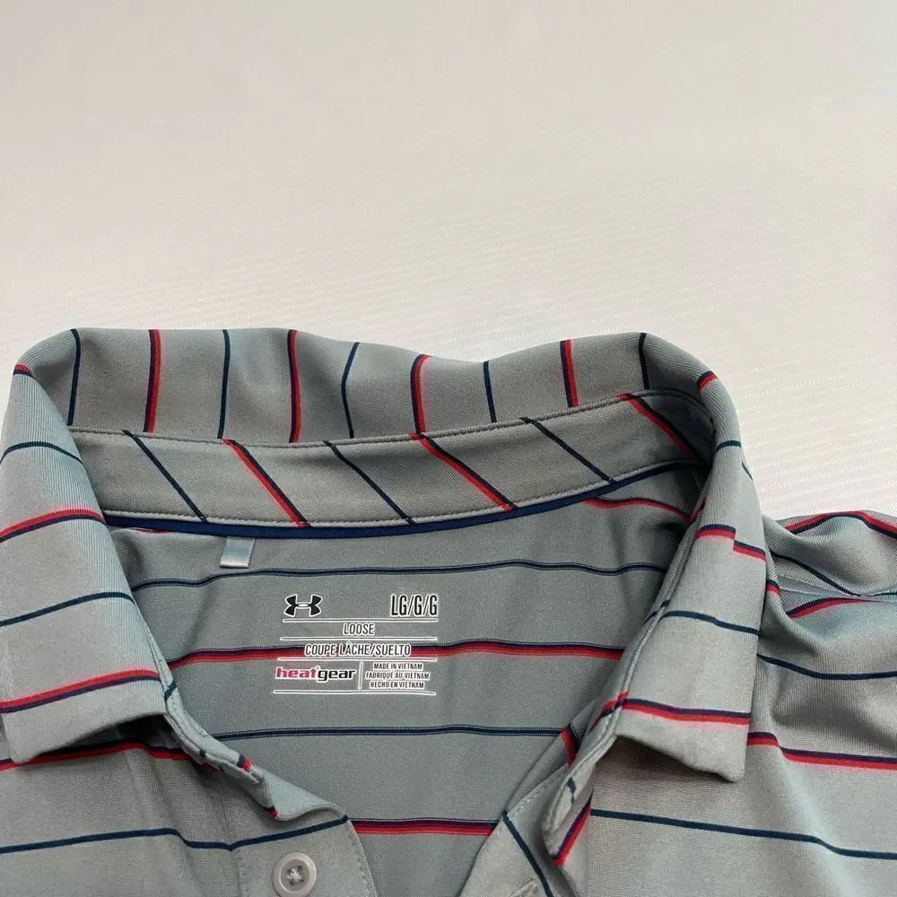 Under Armour Loose Heat Gear Grey Red Blue Stripe Short Sleeve Polo Shirt Size L